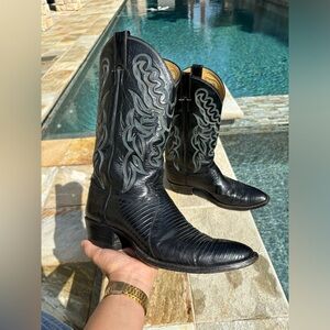 Justin Men's Exotic Western boot in Black Lizard Foot 10.5D